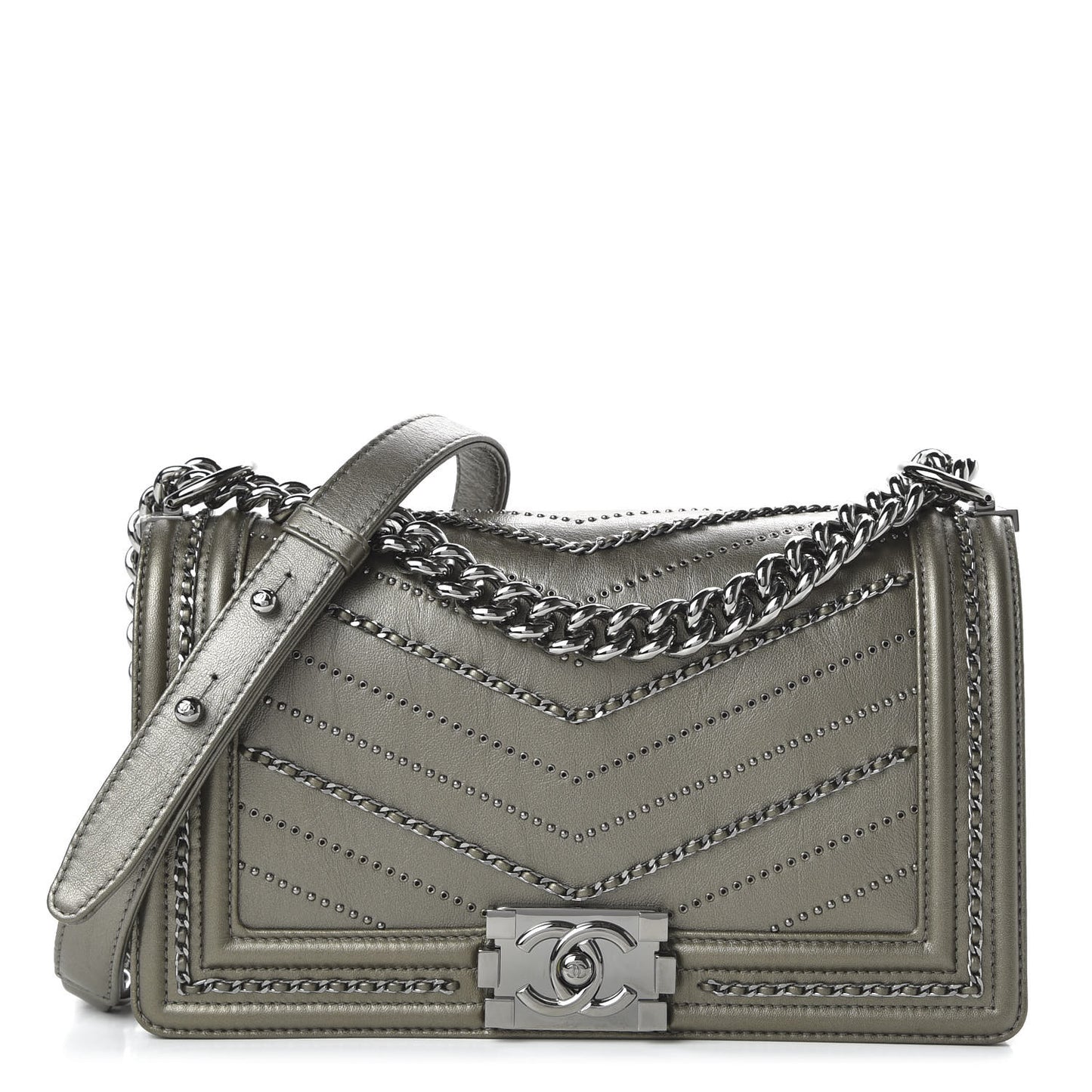 Metallic Crumpled Calfskin Chevron Chain Medium Boy Flap Grey
