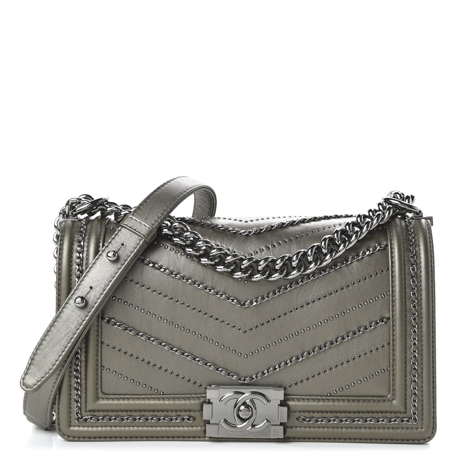 Chanel Metallic Crumpled Calfskin Chevron Chain Medium Boy Flap Grey 1 of 10