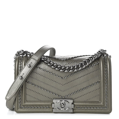 Chanel Metallic Crumpled Calfskin Chevron Chain Medium Boy Flap Grey 1 of 10