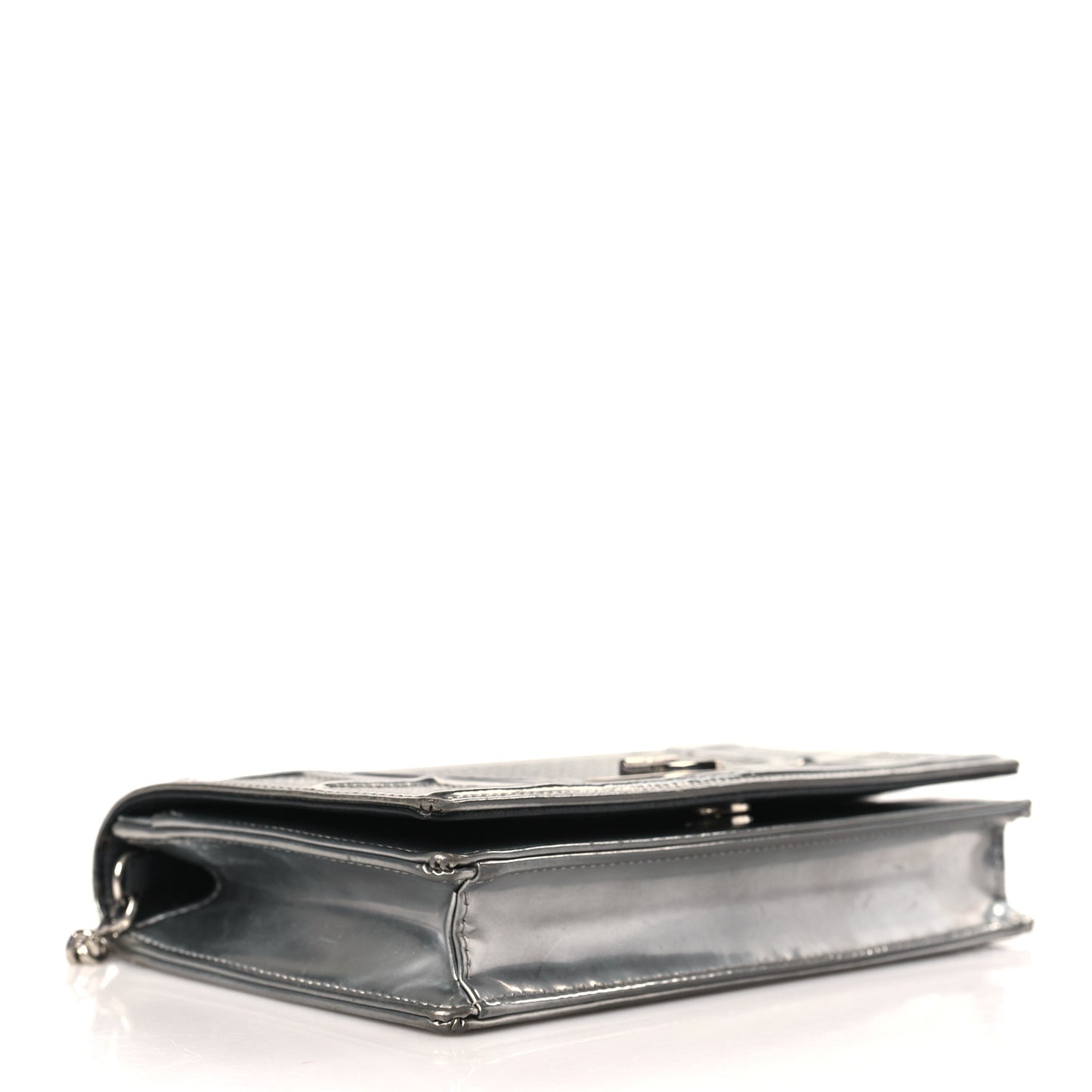 Metallic Patent Micro-Cannage Diorama Wallet on Chain Pouch Silver