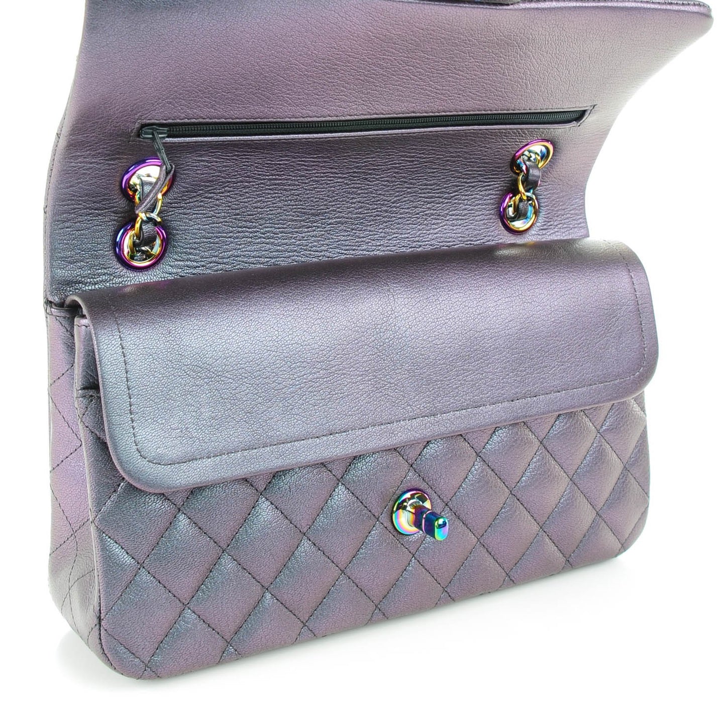 Iridescent Goatskin Quilted Medium Flap Purple