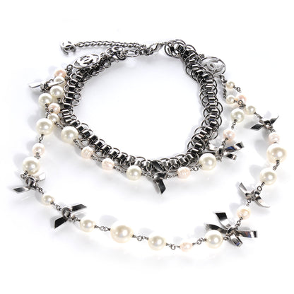 Chanel Pearl Chain And Bow Necklace Dark Silver 3 of 7