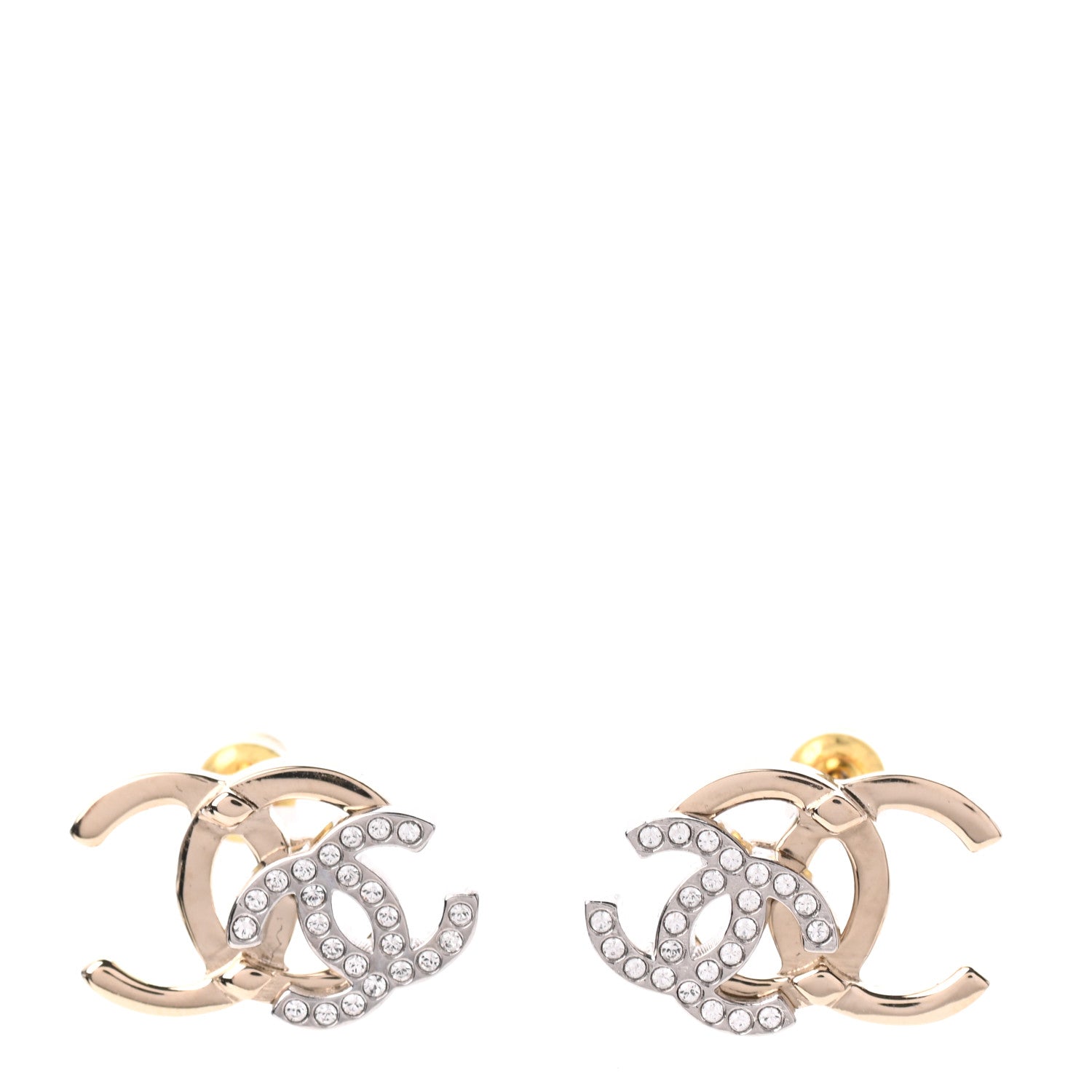 Chanel Crystal Double CC Earrings Gold Silver 1 of 5