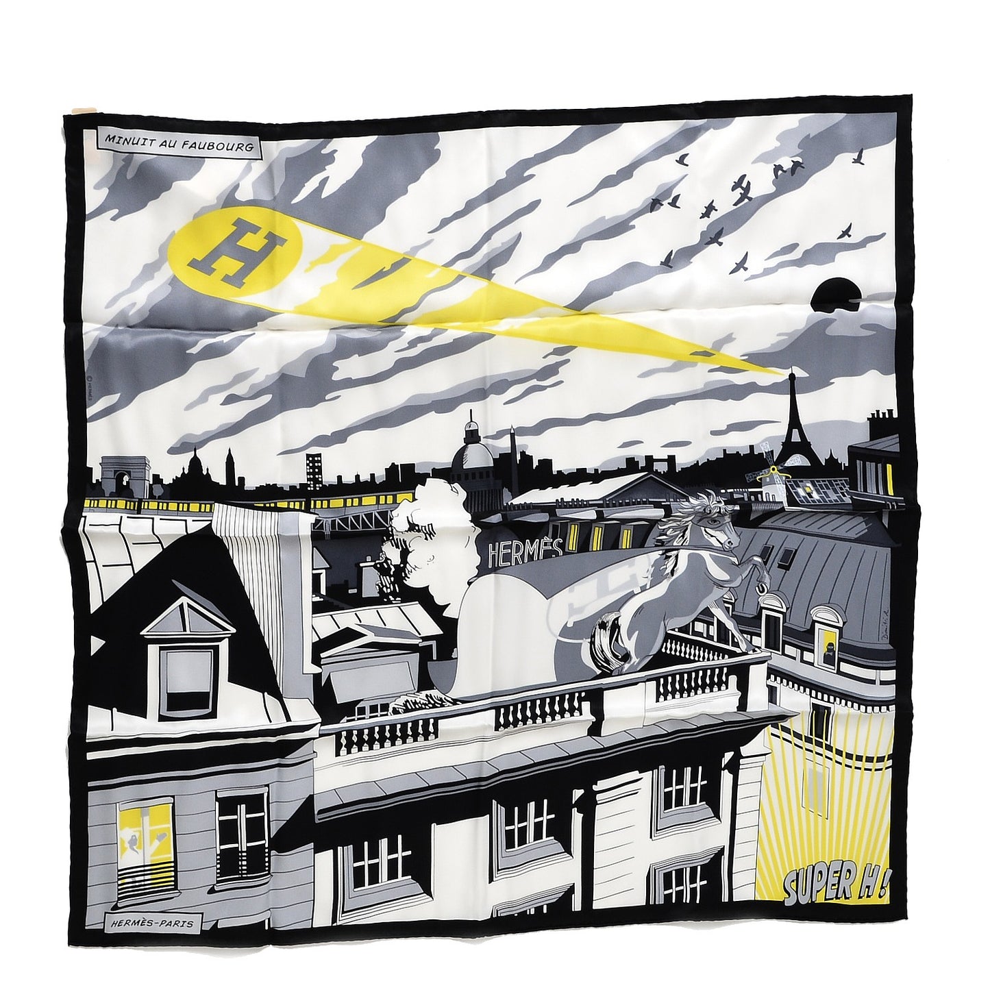 Silk Minuit Au Faubourg Scarf 70 Anthracite Blanc Jaune Vif