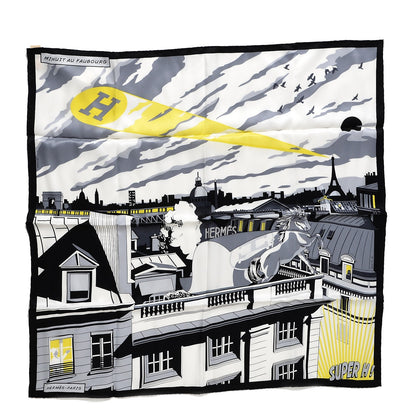 Hermes Silk Minuit Au Faubourg Scarf 70 Anthracite Blanc Jaune Vif 1 of 5