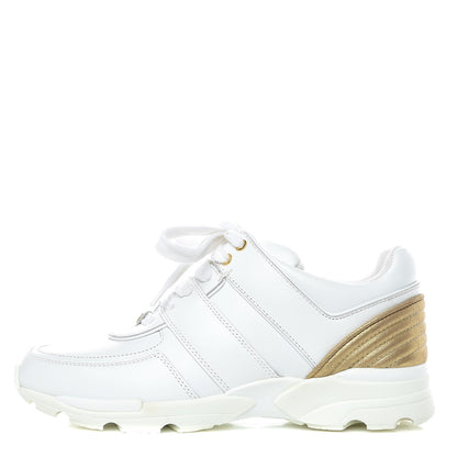 Chanel Calfskin Laminated Lambskin Womens CC Sneakers 37 White Gold 1 of 10