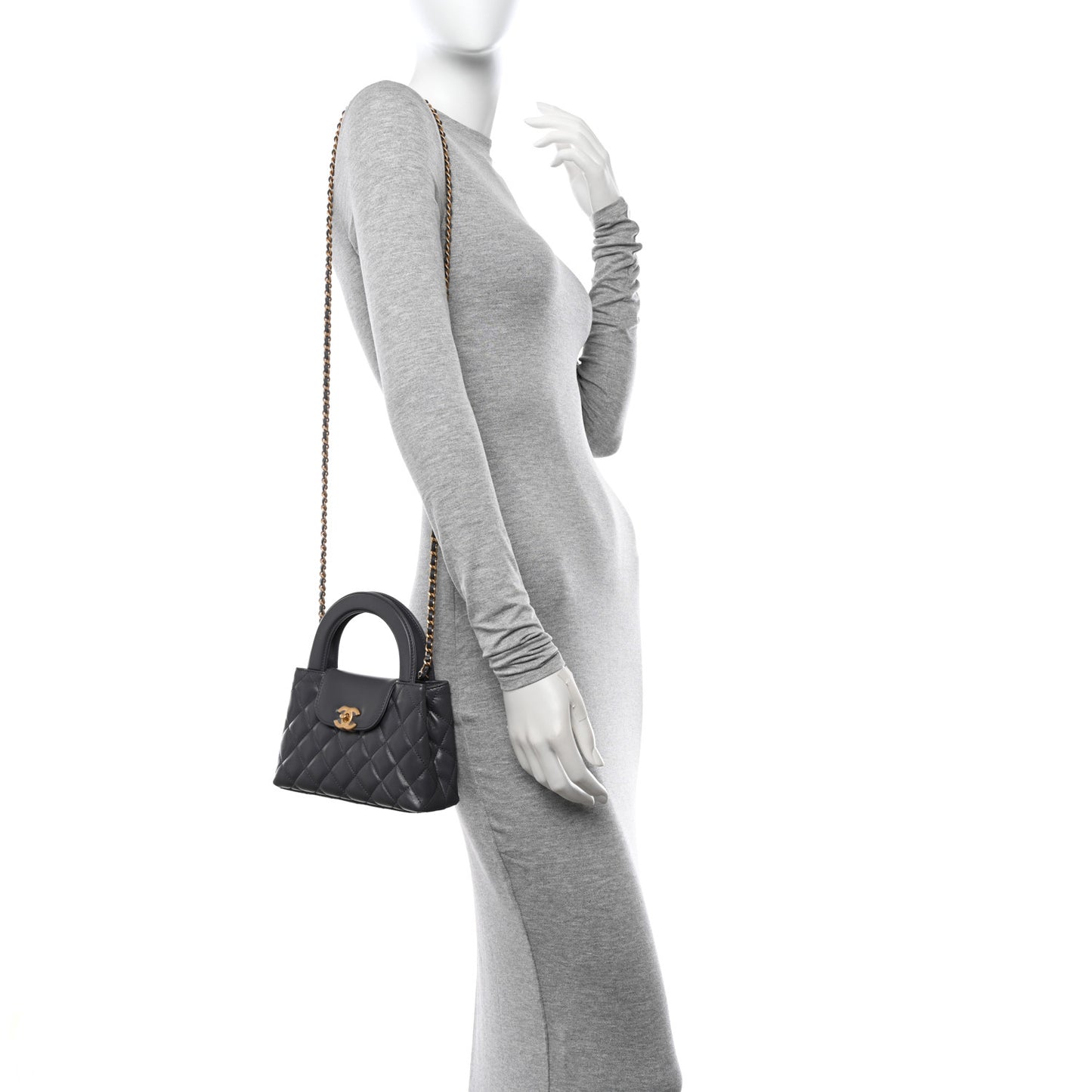 Shiny Aged Calfskin Quilted Nano Kelly Shopper Grey