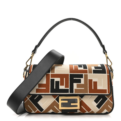 Fendi Canvas Vitello Seta FF Multicolor Embroidered Baguette Brandy Black 1 of 9
