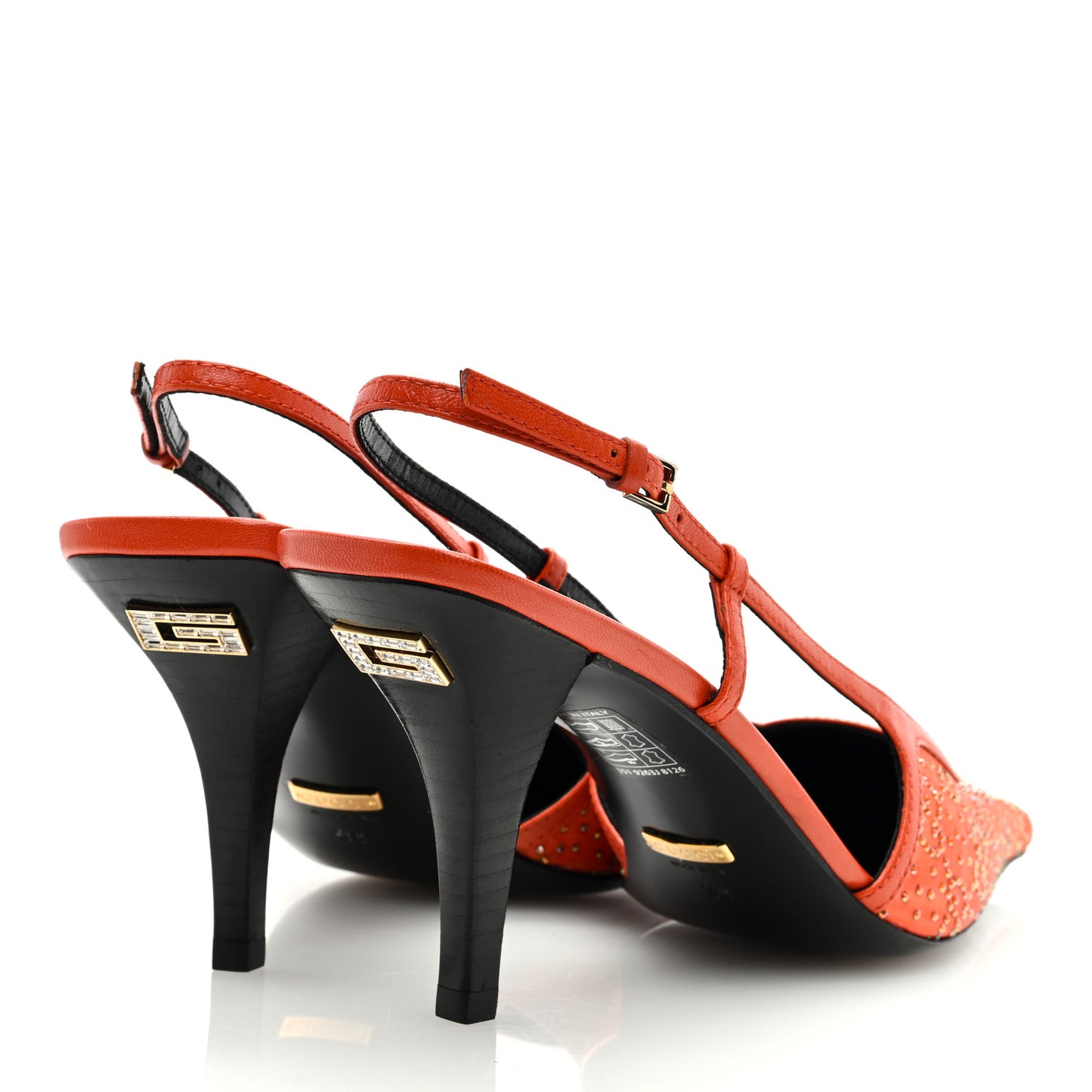 Moire Fabric Malaga Kid Crystal GG Monogram Square G 75mm Slingback Pumps 38 Deep Orange