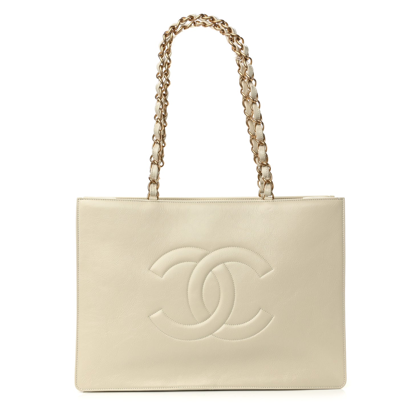 Shiny Aged Calfskin Shopping Bag White