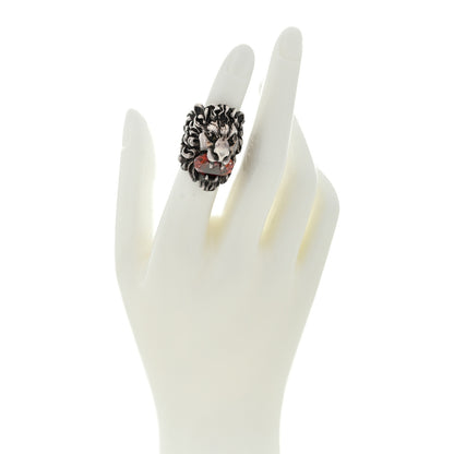Gucci Metal Crystal Lion Head Ring Red Aged 49 4.75 Silver 2 of 5