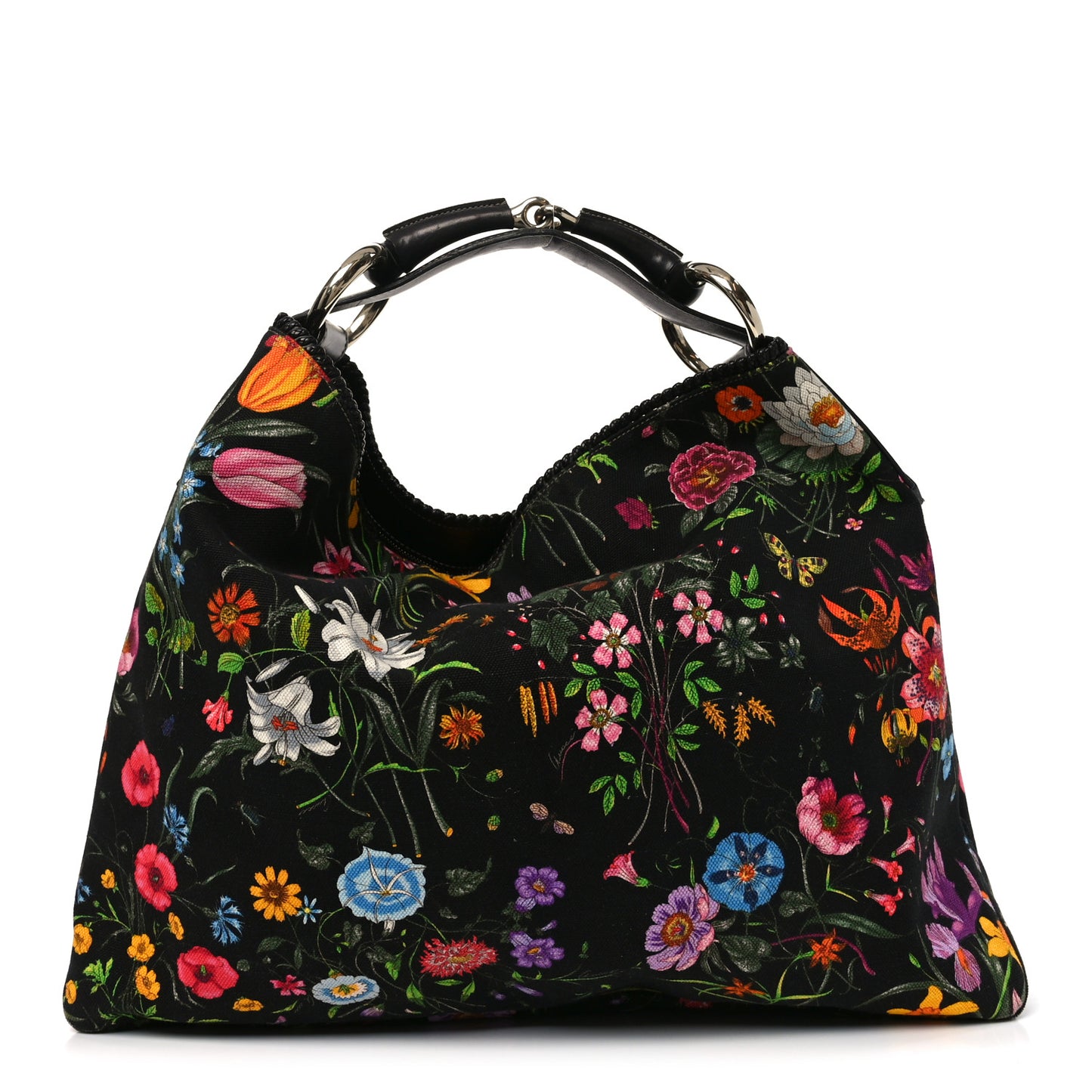 Canvas Flora Floral Large Horsebit Chain Hobo Black