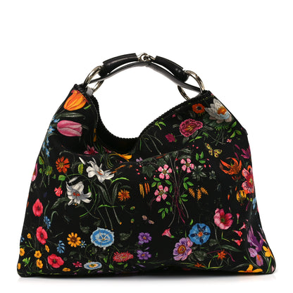 Gucci Canvas Flora Floral Large Horsebit Chain Hobo Black 1 of 10