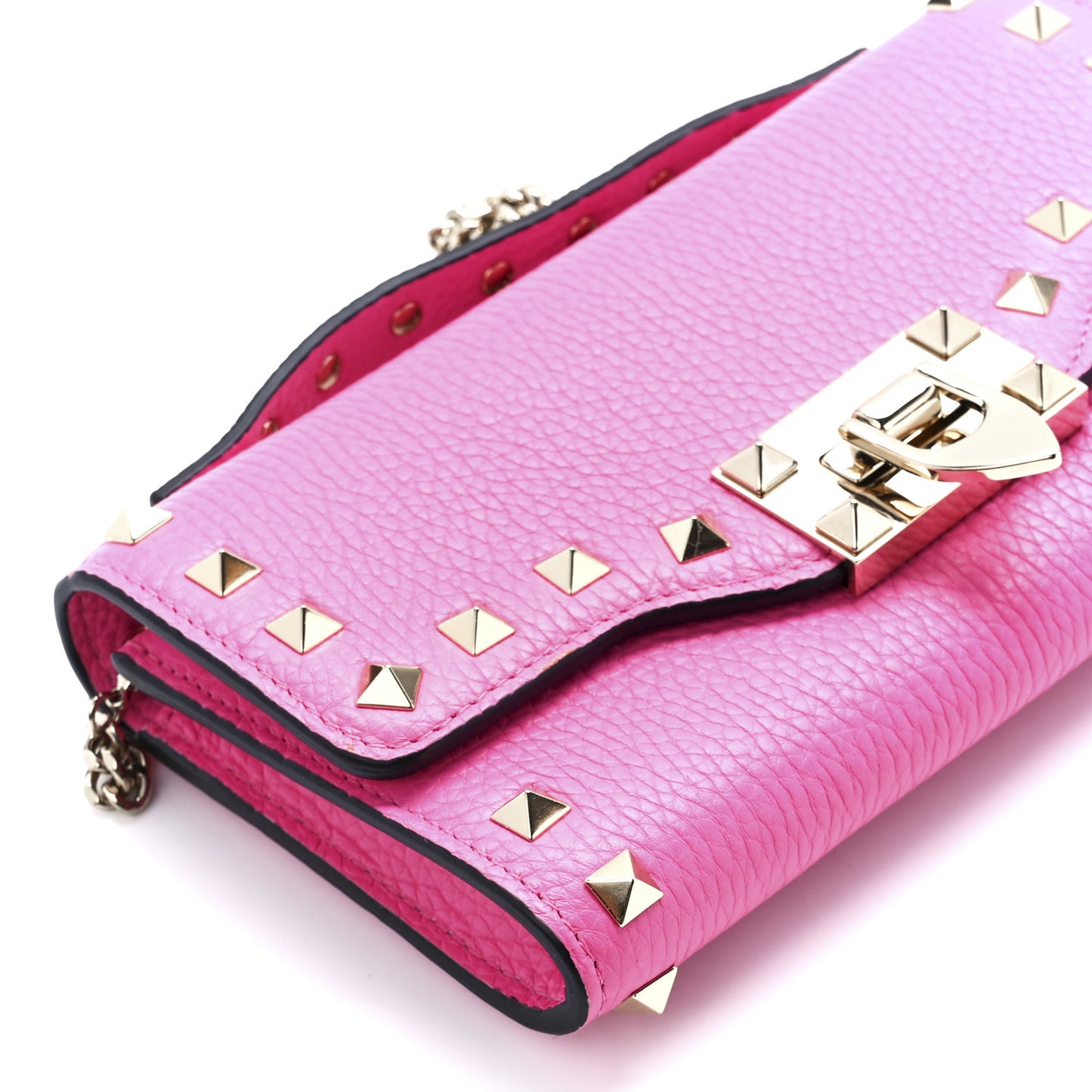 Pebbled Calfskin Rockstud Flip Lock Wallet On Chain Dawn Pink