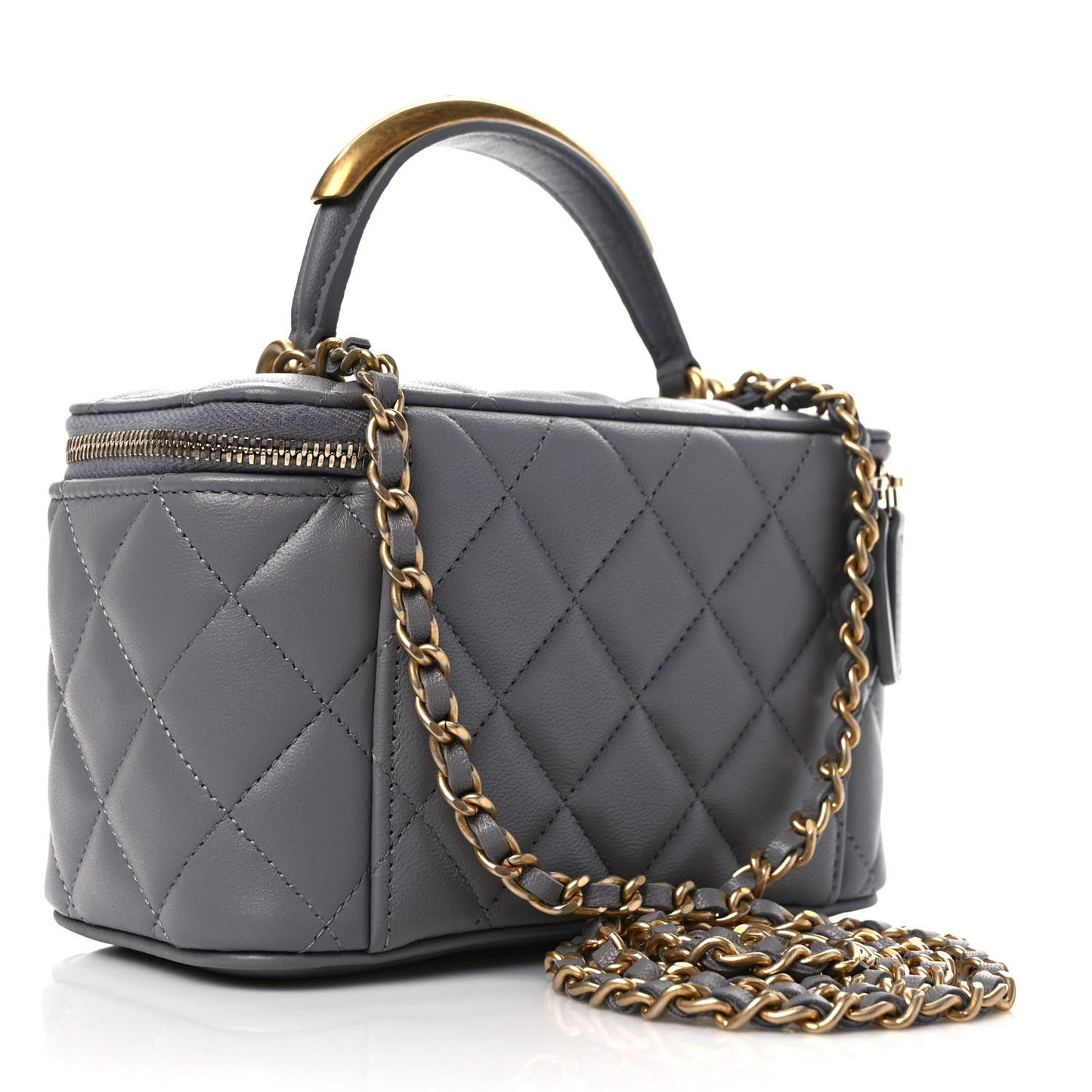 Lambskin Quilted Metal Small Top Handle Vanity Case With Chain Grey