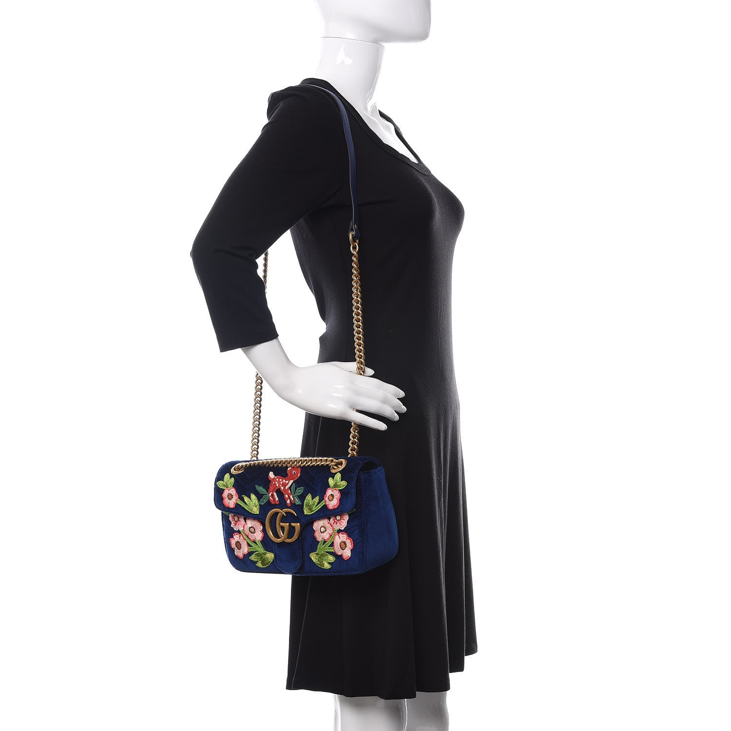 Gucci Velvet Matelasse Deer Embroidered Small GG Marmont Shoulder Bag Cobalt 2 of 10