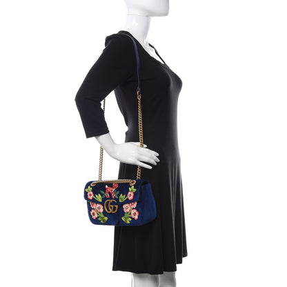 Gucci Velvet Matelasse Deer Embroidered Small GG Marmont Shoulder Bag Cobalt 2 of 10
