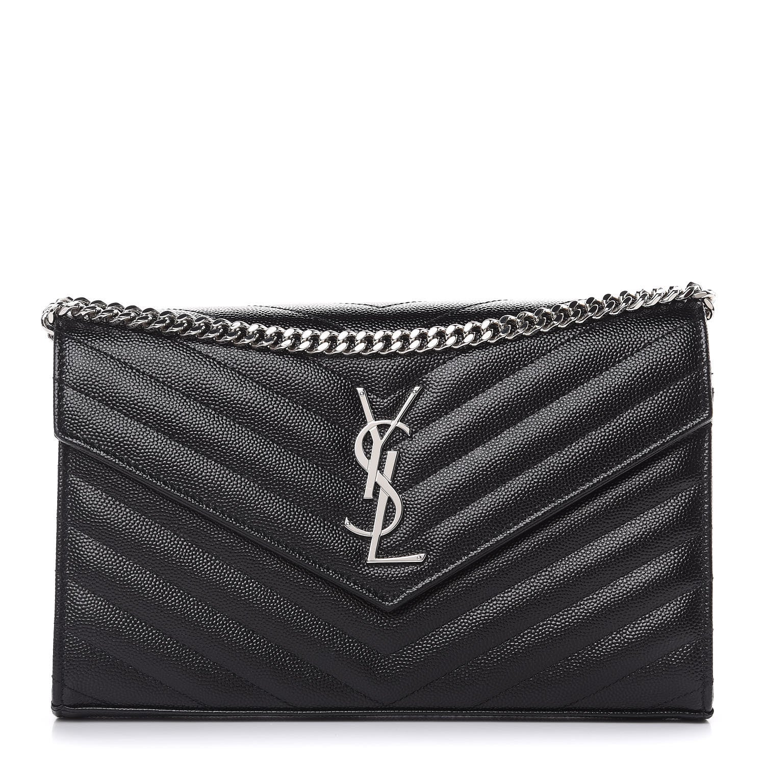 Saint Laurent Grain De Poudre Matelasse Chevron Monogram Chain Wallet Black 1 of 10
