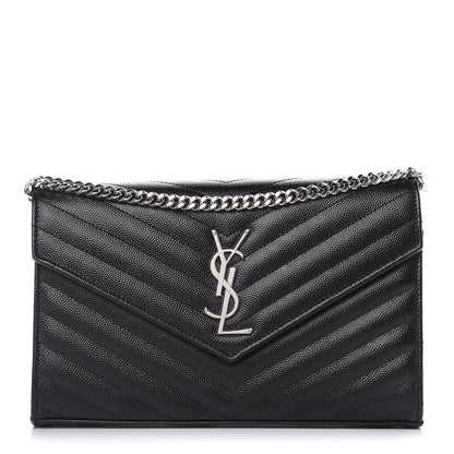 Saint Laurent Grain De Poudre Matelasse Chevron Monogram Chain Wallet Black 1 of 10