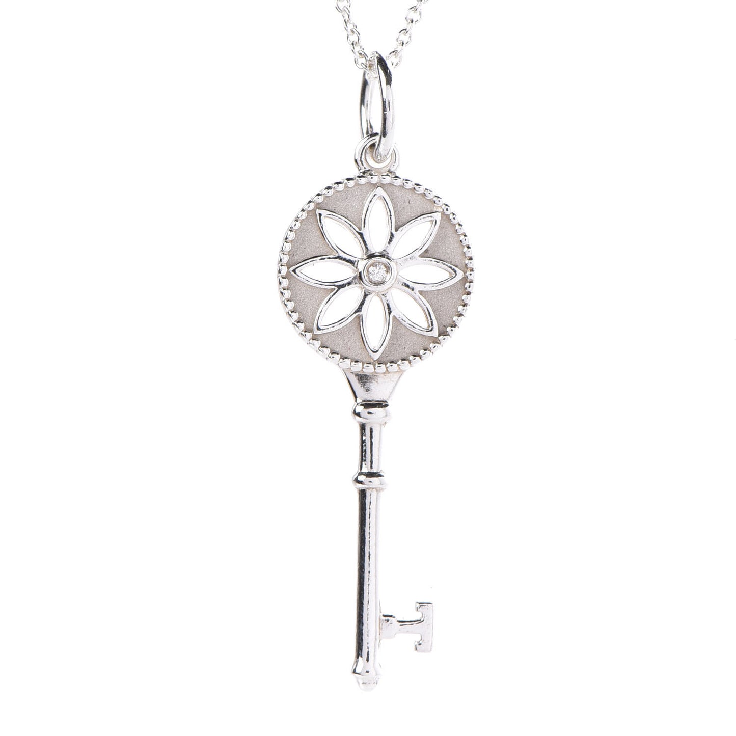 Sterling Silver Diamond Small Daisy Key Pendant Necklace