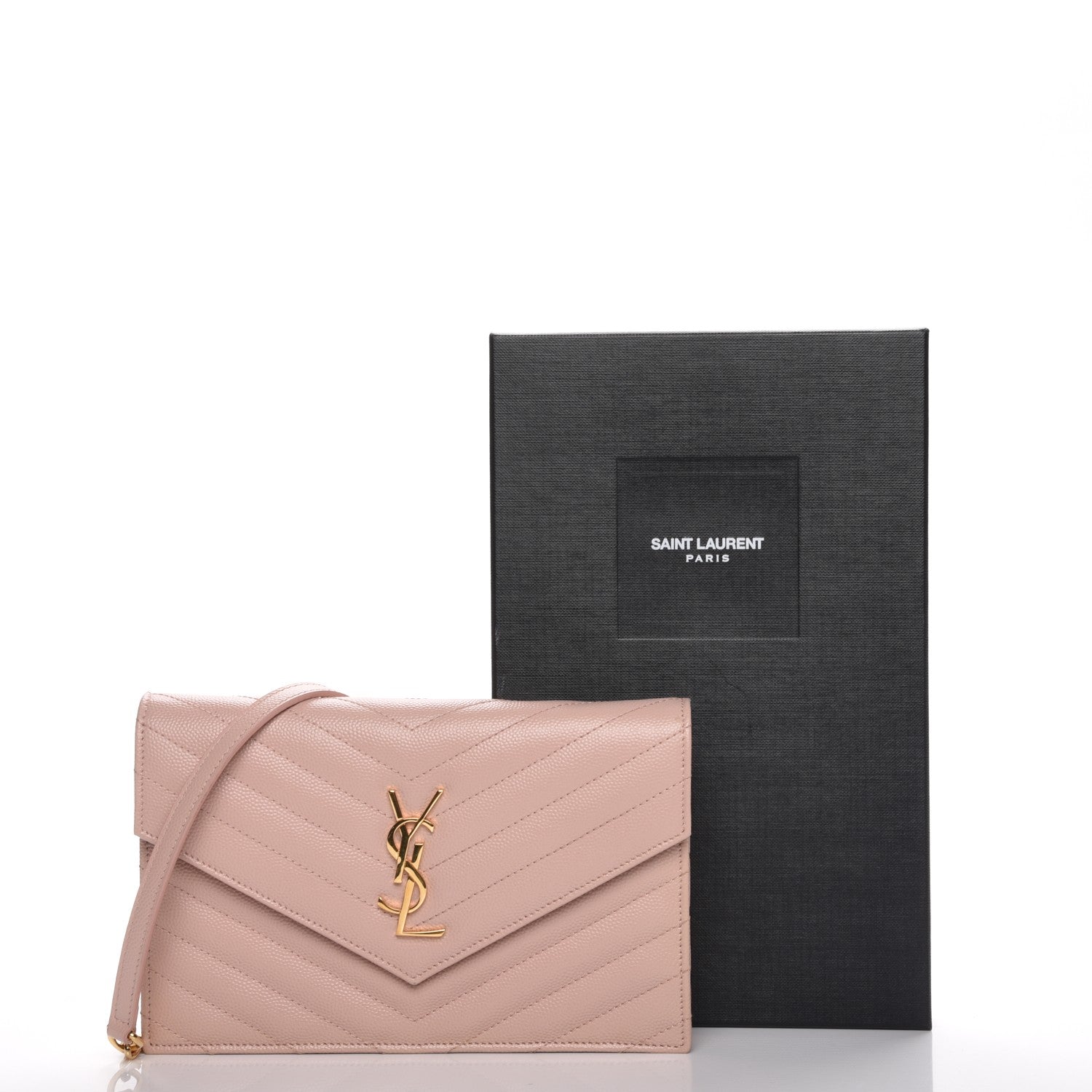 Saint Laurent Grain De Poudre Matelasse Chevron Monogram Envelope Chain Wallet Pale Pink 8 of 8