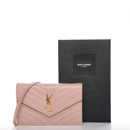 Saint Laurent Grain De Poudre Matelasse Chevron Monogram Envelope Chain Wallet Pale Pink 8 of 8