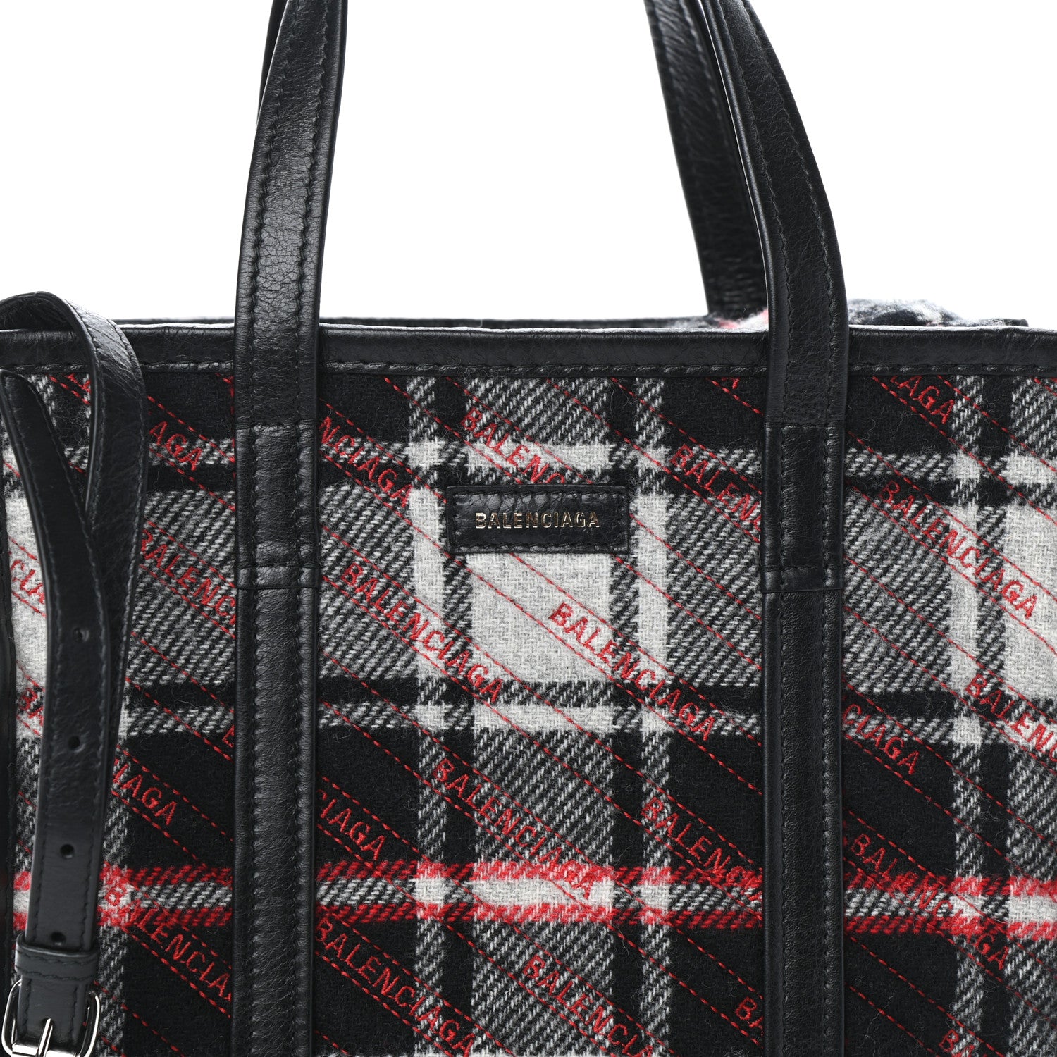 Balenciaga Wool Cuir Arena Plaid Diagonal Allover Logo Matelasse S Bazar Shopper Tote Black White Red 7 of 9
