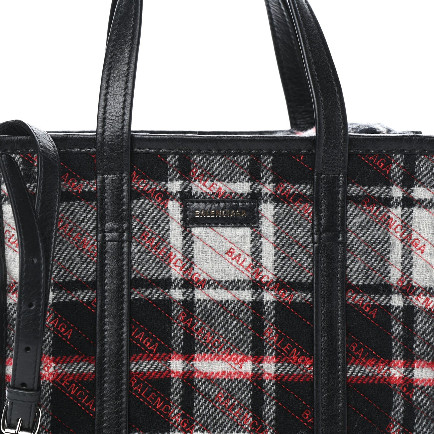 Wool Cuir Arena Plaid Diagonal Allover Logo Matelasse S Bazar Shopper Tote Black White Red