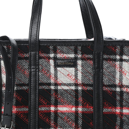 Balenciaga Wool Cuir Arena Plaid Diagonal Allover Logo Matelasse S Bazar Shopper Tote Black White Red 7 of 9