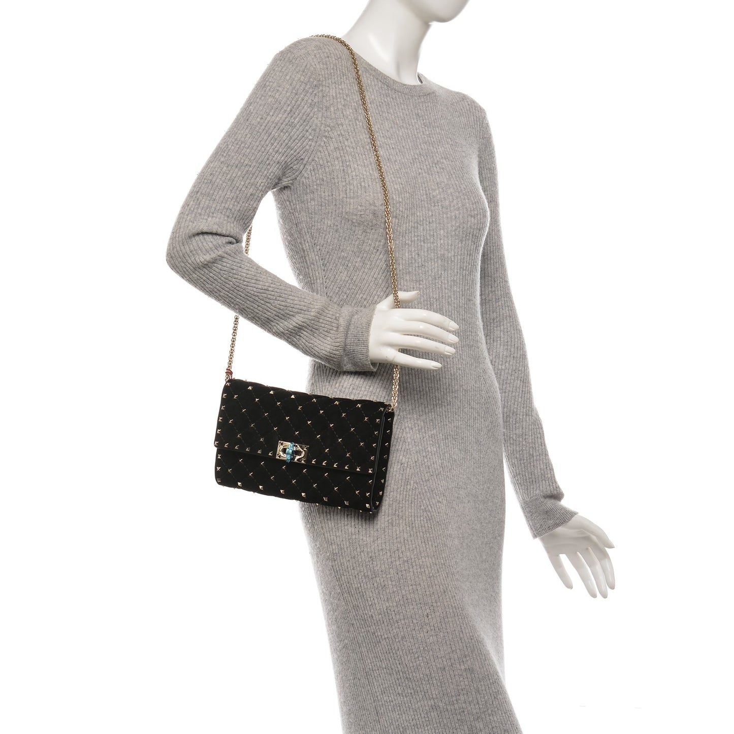 Suede Rockstud Spike Wallet on Chain Black