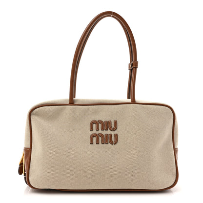 Miu Miu Canvas Calfskin Large Beau Top Handle Bag Naturale Brandy 1 of 9