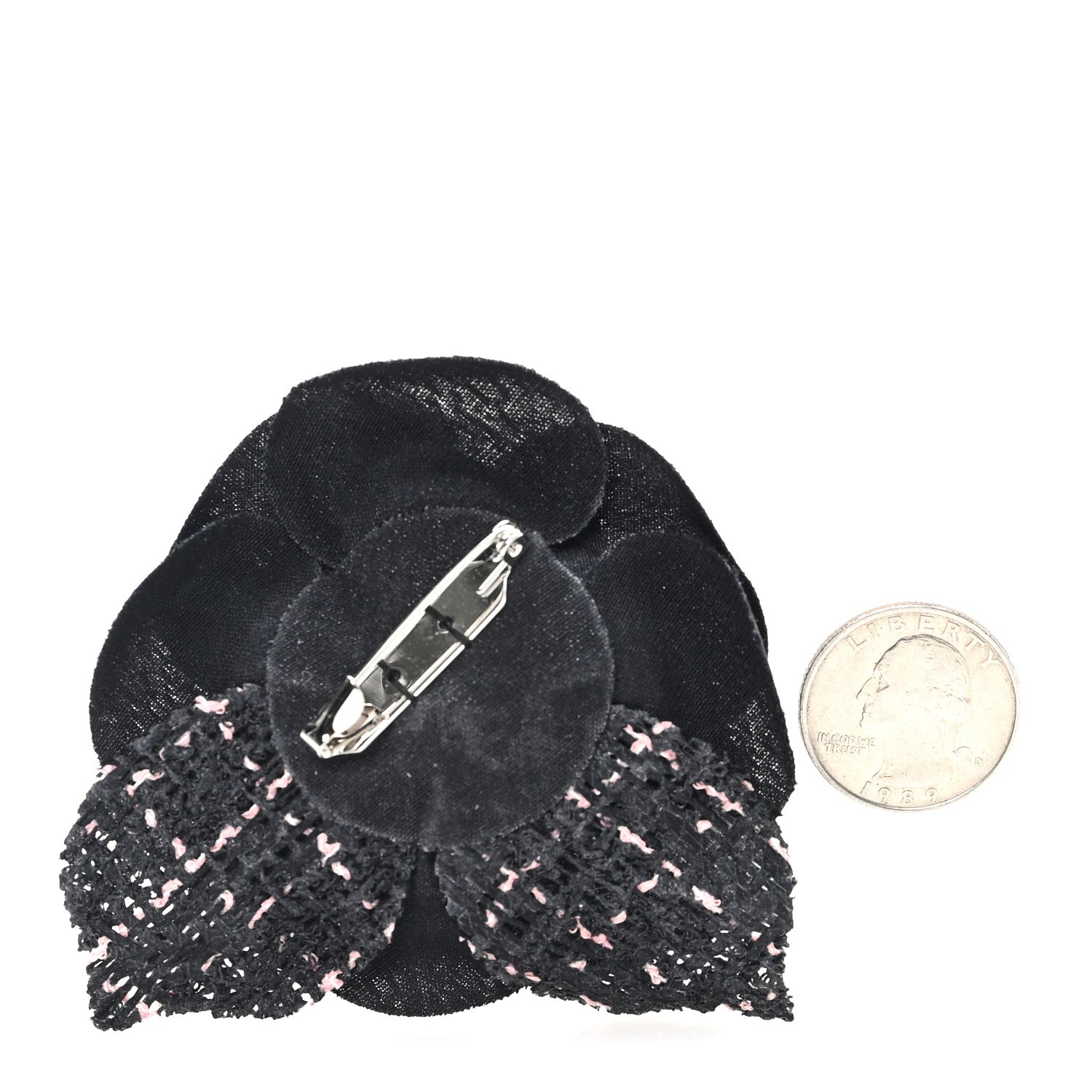 Chanel Tweed Camellia Pin Brooch Black Pink 2 of 3