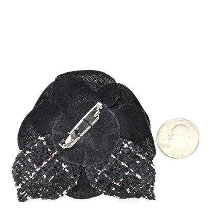 Chanel Tweed Camellia Pin Brooch Black Pink 2 of 3
