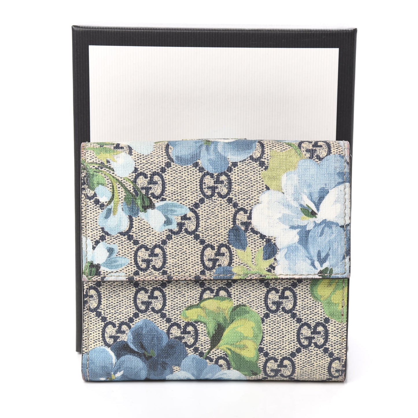 GG Supreme Monogram Blooms French Flap Wallet Beige Blue Navy Hibiscus Red