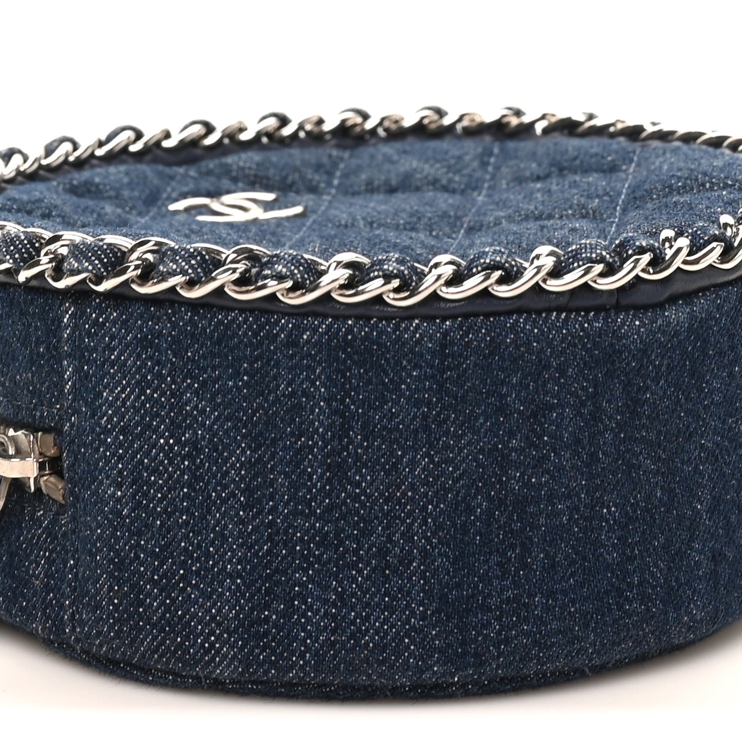 Denim Quilted Round Clutch With Chain Blue