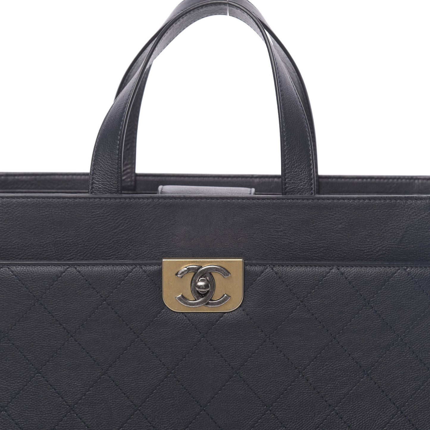 Calfskin Stitched Large Straight Lines Shopping Tote Navy