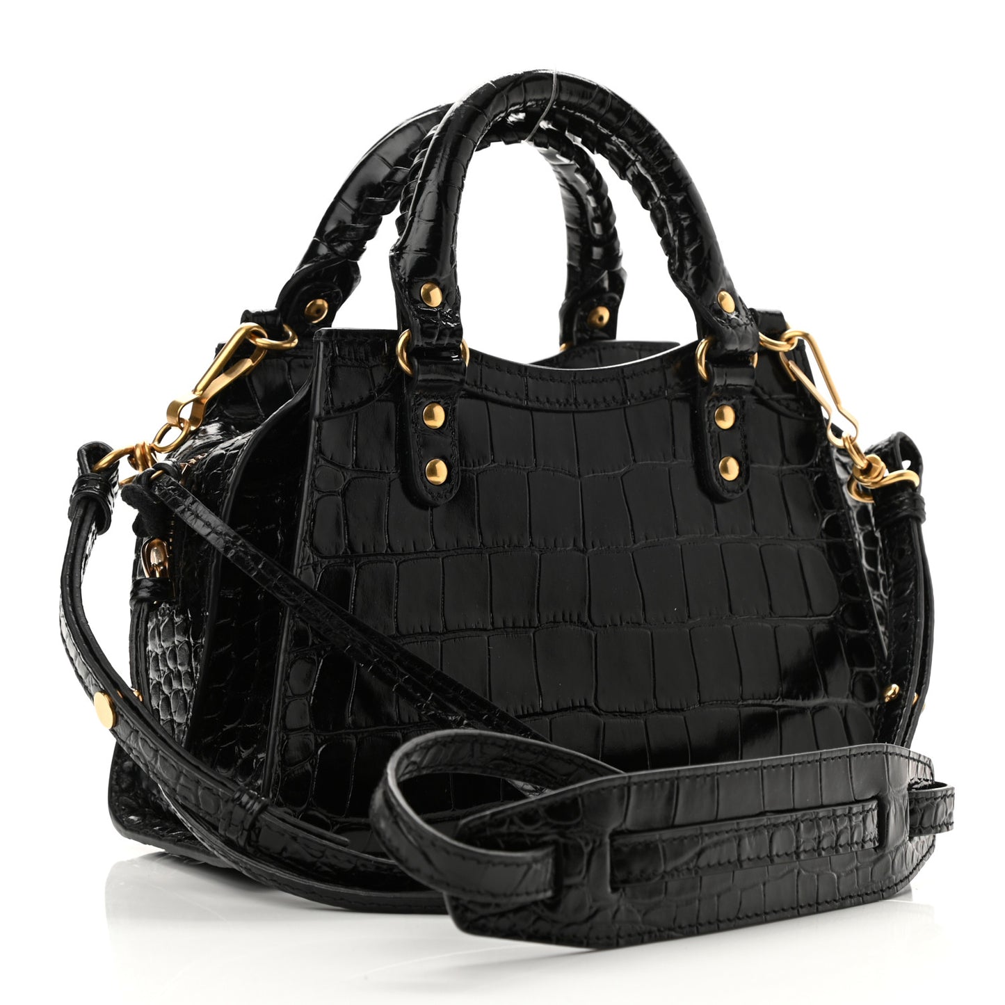 Shiny Supple Calfskin Crocodile Embossed Neo Classic Gold Hardware Mini City Black