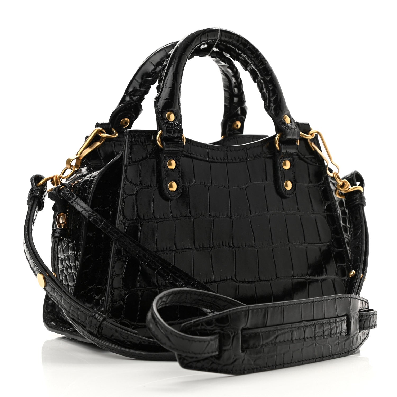 Balenciaga Shiny Supple Calfskin Crocodile Embossed Neo Classic Gold Hardware Mini City Black 3 of 9