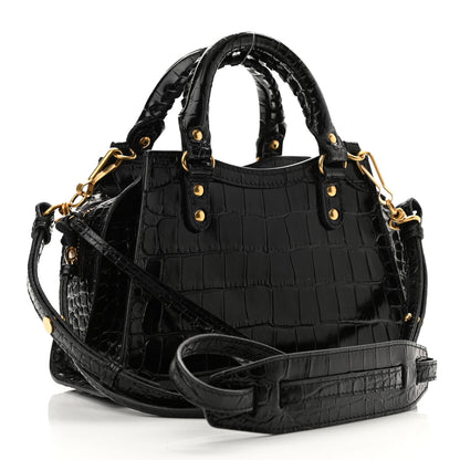 Balenciaga Shiny Supple Calfskin Crocodile Embossed Neo Classic Gold Hardware Mini City Black 3 of 9