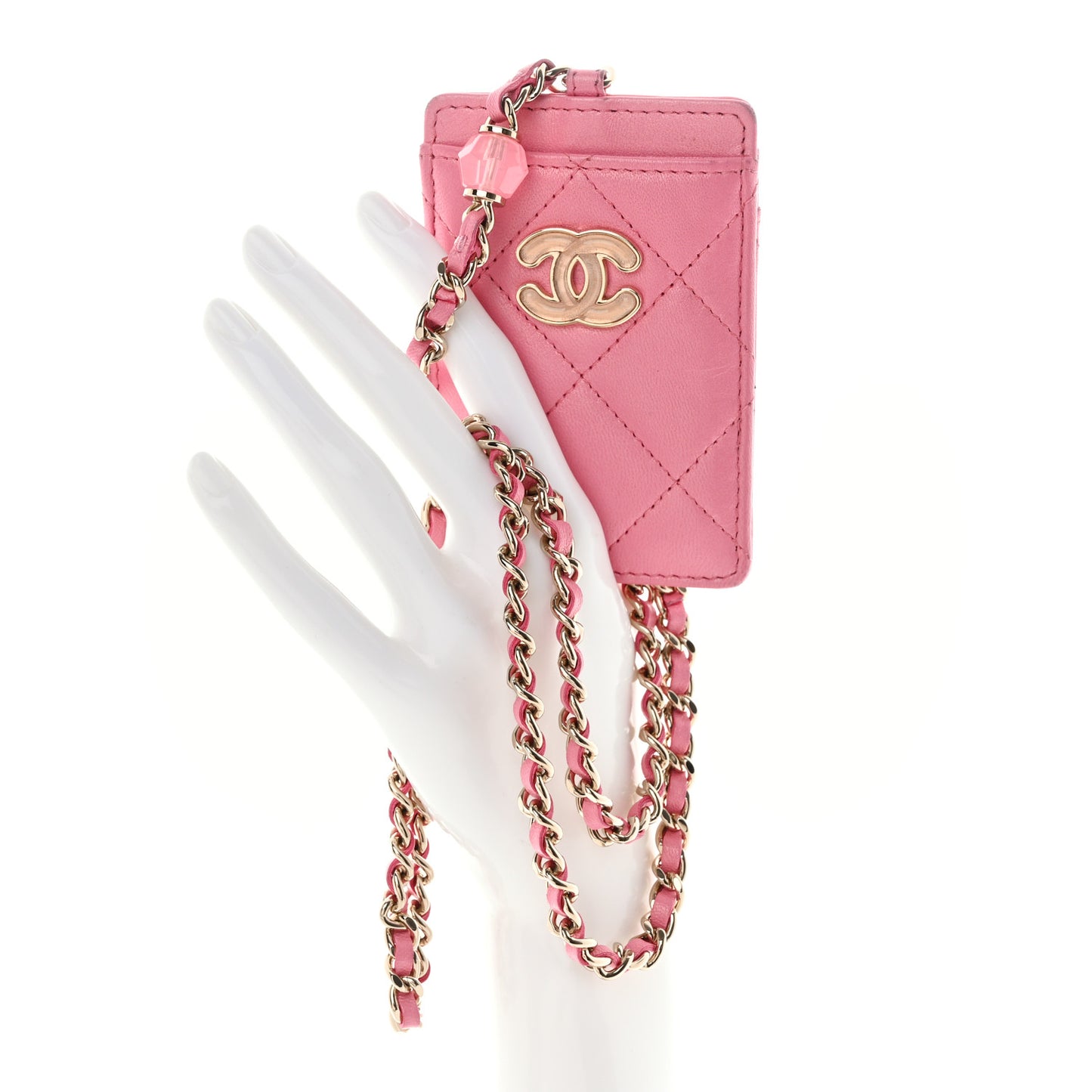 Lambskin Quilted Enamel Chanel Card Holder On Chain Pink