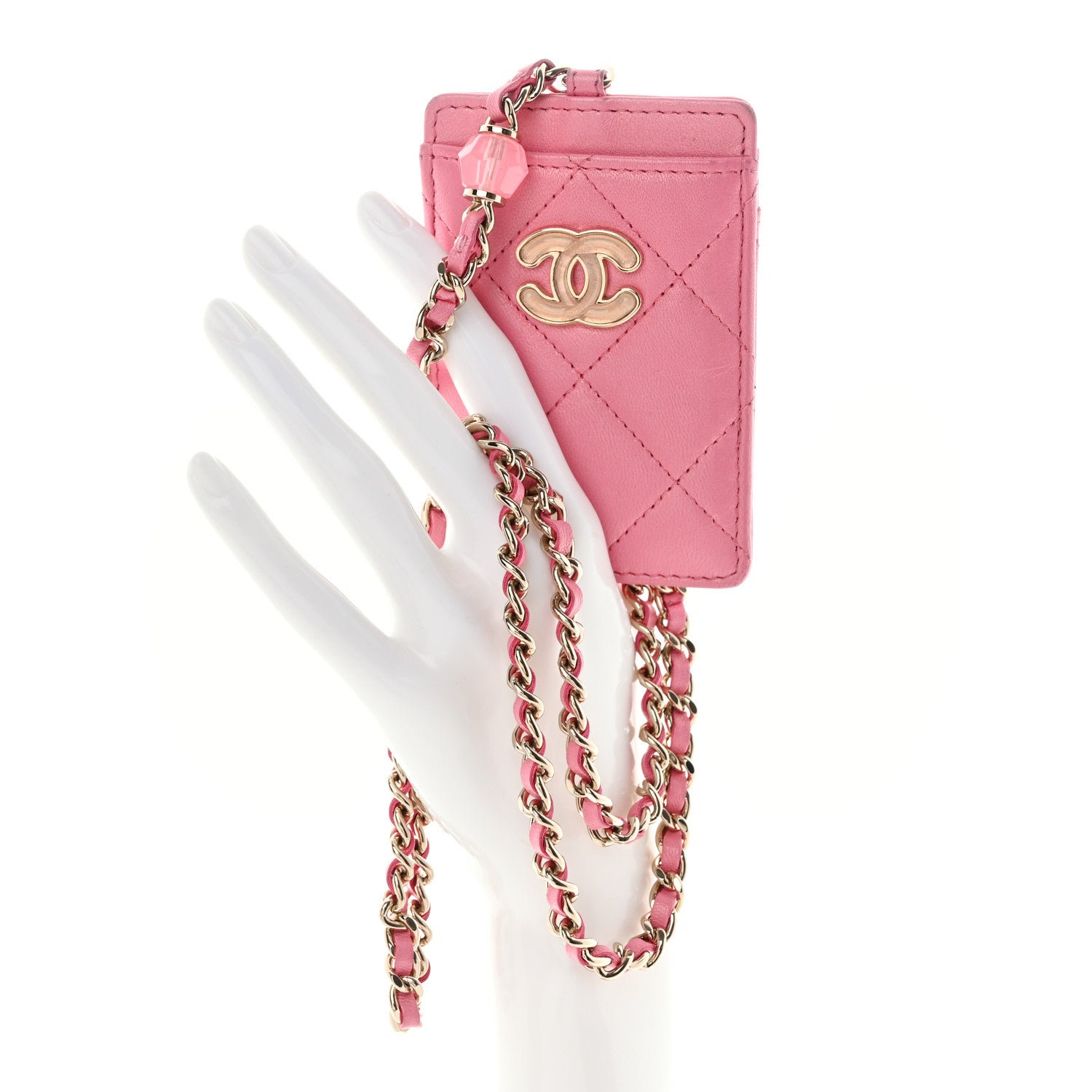 Chanel Lambskin Quilted Enamel Chanel Card Holder On Chain Pink 2 of 12