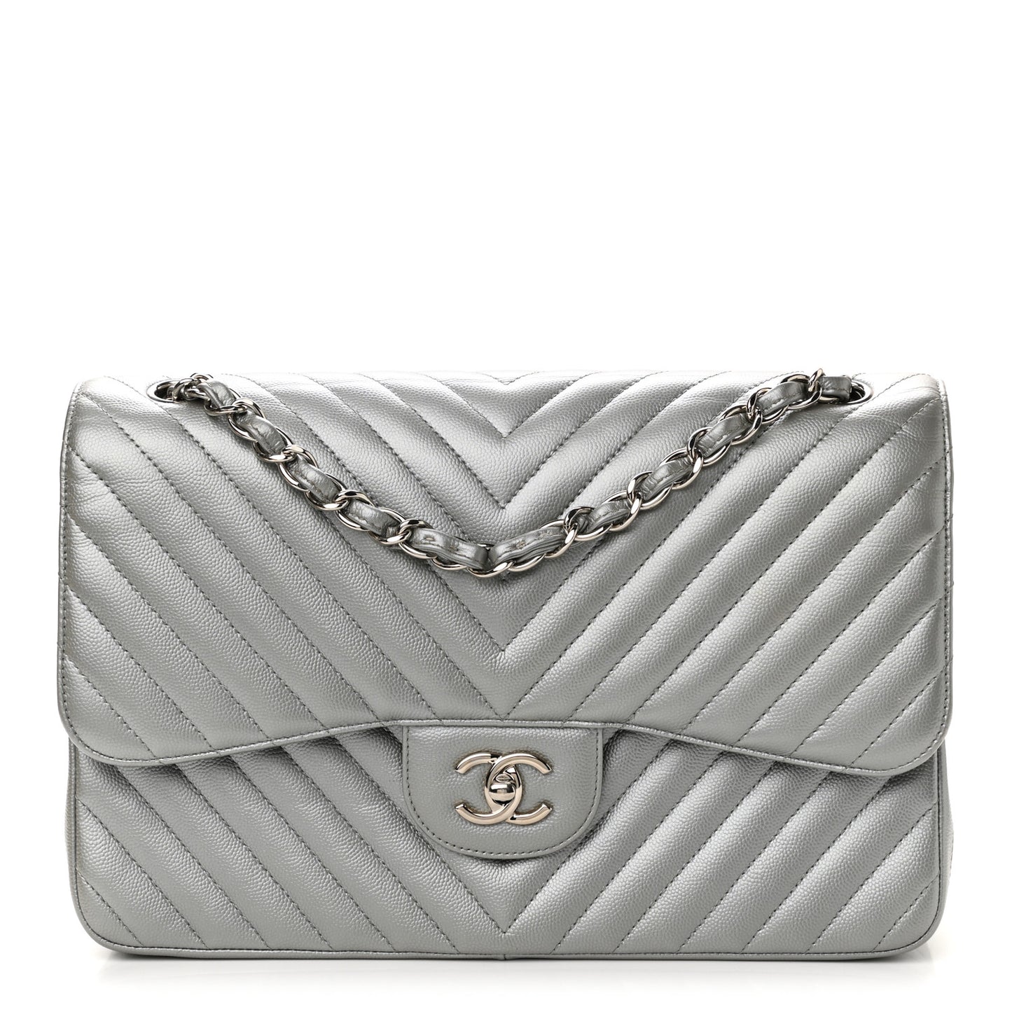 Metallic Caviar Chevron Quilted Jumbo Double Flap Silver