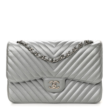 Chanel Metallic Caviar Chevron Quilted Jumbo Double Flap Silver 1 of 12