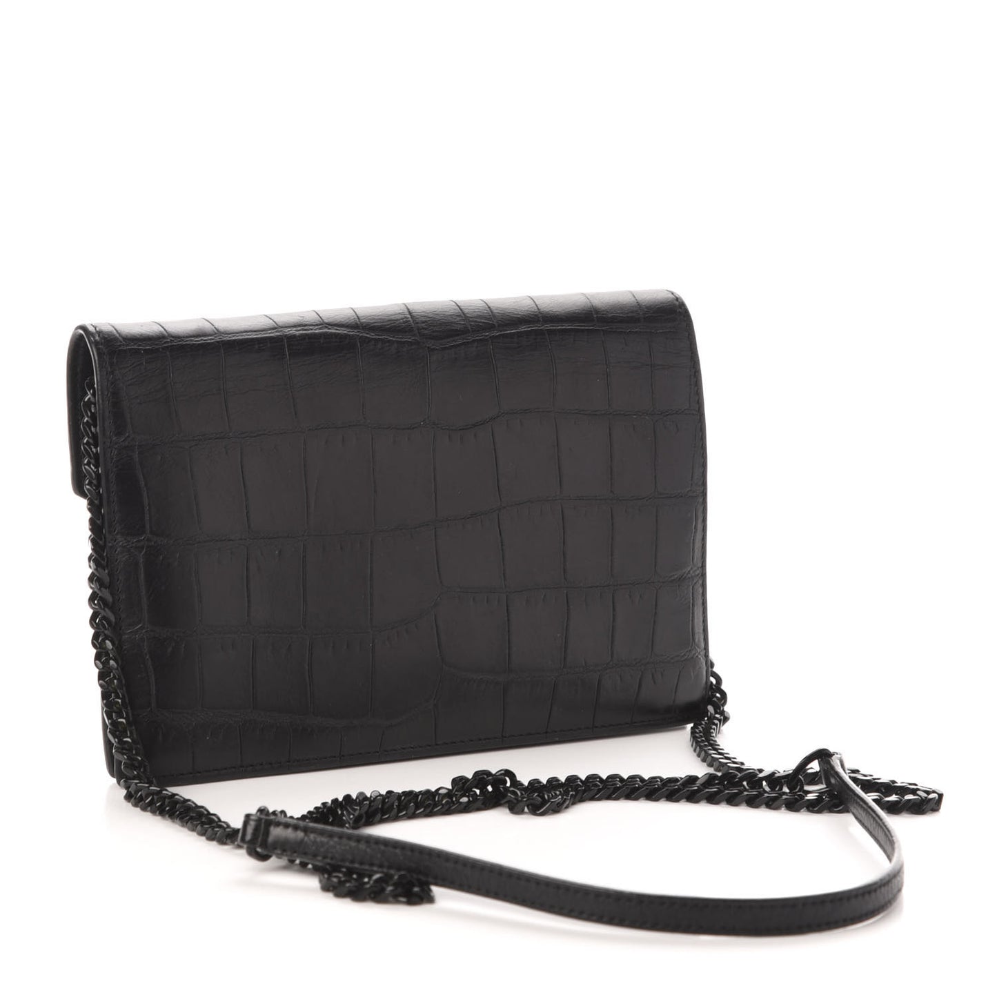 Calfskin Crocodile Embossed Monogram Envelope Chain Wallet Black