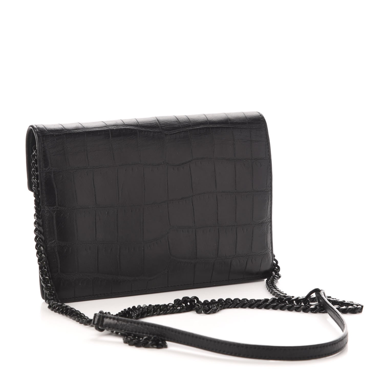Saint Laurent Calfskin Crocodile Embossed Monogram Envelope Chain Wallet Black 3 of 12