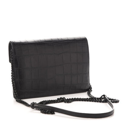 Saint Laurent Calfskin Crocodile Embossed Monogram Envelope Chain Wallet Black 3 of 12