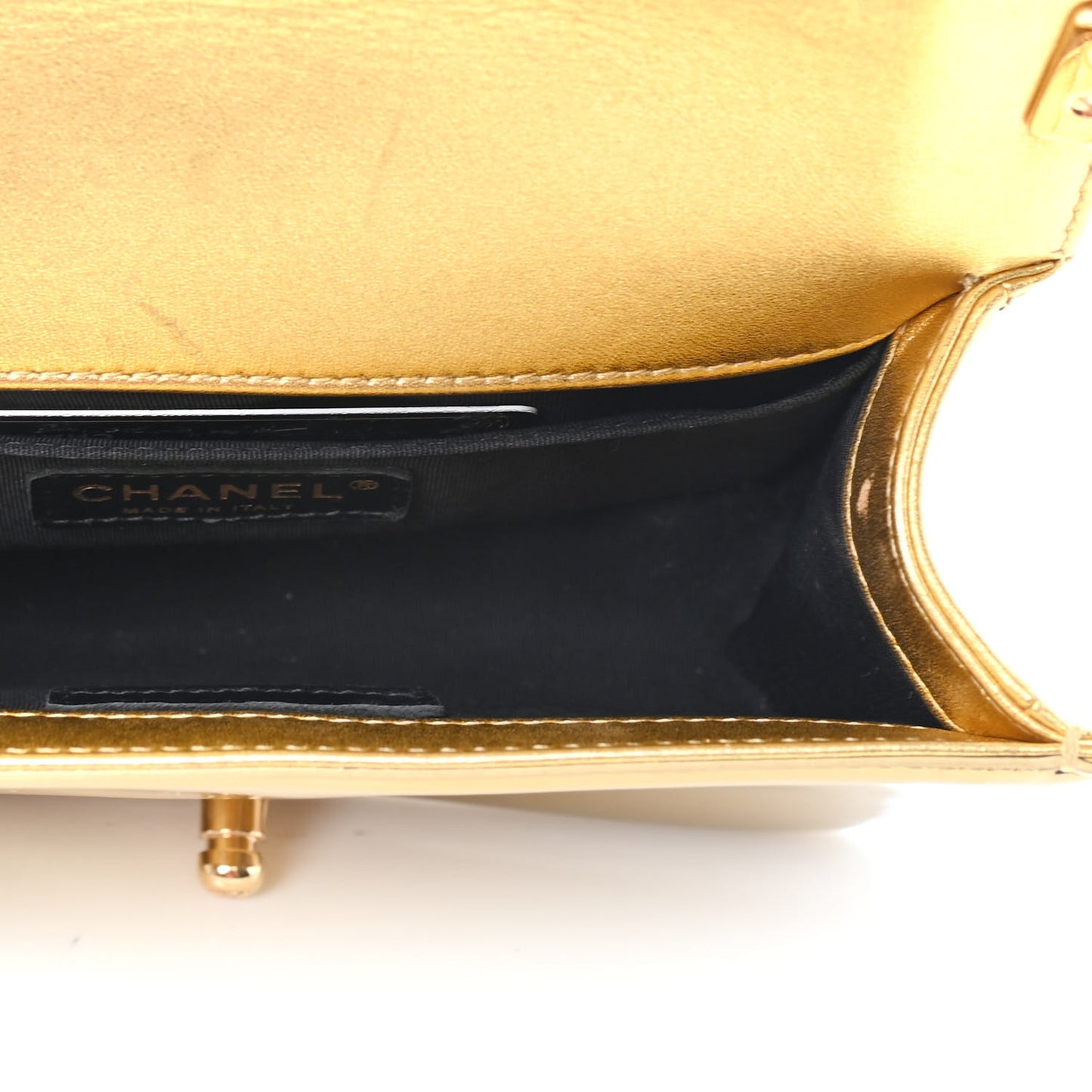 Metallic Patent Calfskin Quilted Small Boy Flap Gold