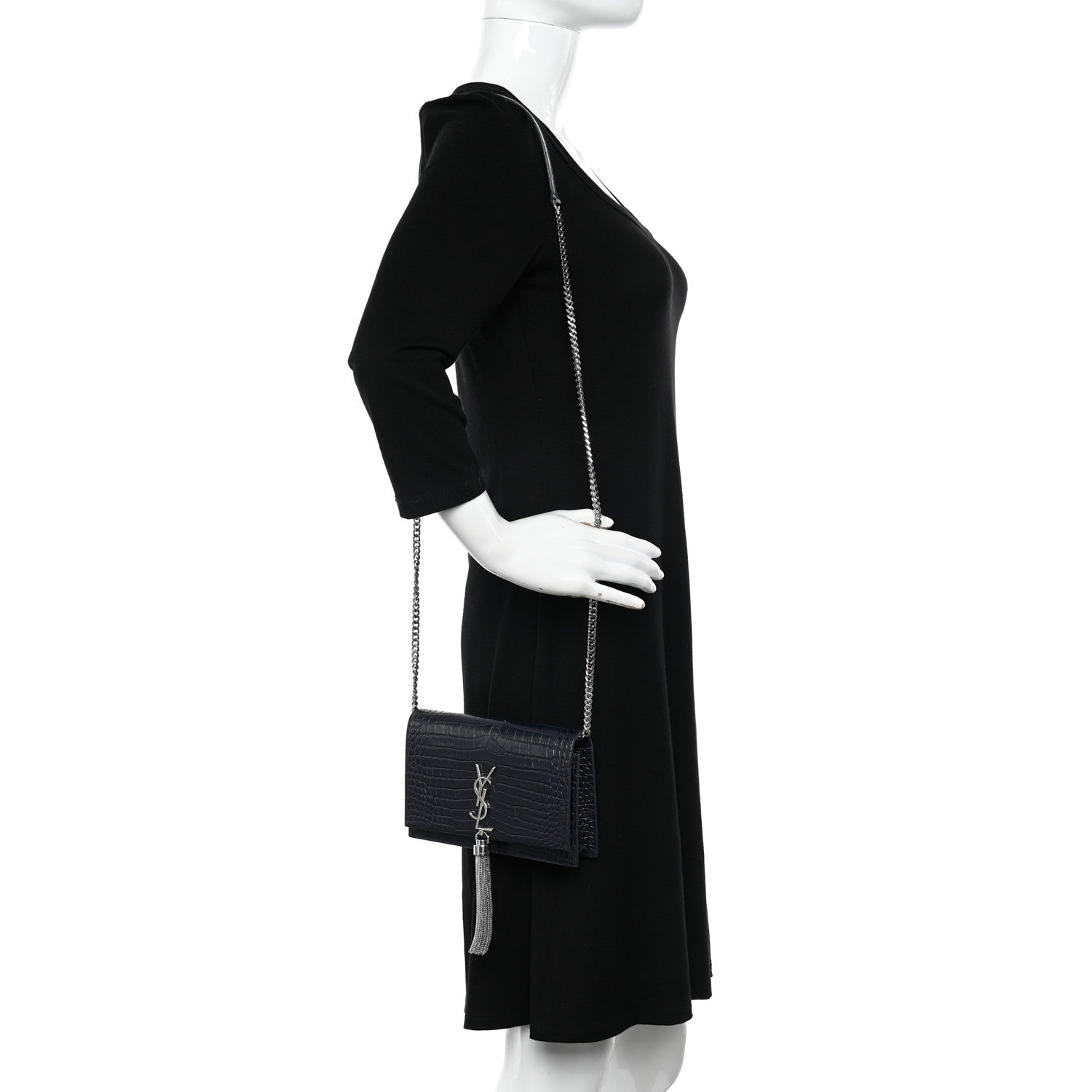 Saint Laurent Calfskin Crocodile Embossed Kate Monogram Tassel Chain Wallet Deep Marine 2 of 11