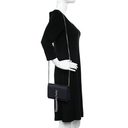 Saint Laurent Calfskin Crocodile Embossed Kate Monogram Tassel Chain Wallet Deep Marine 2 of 11