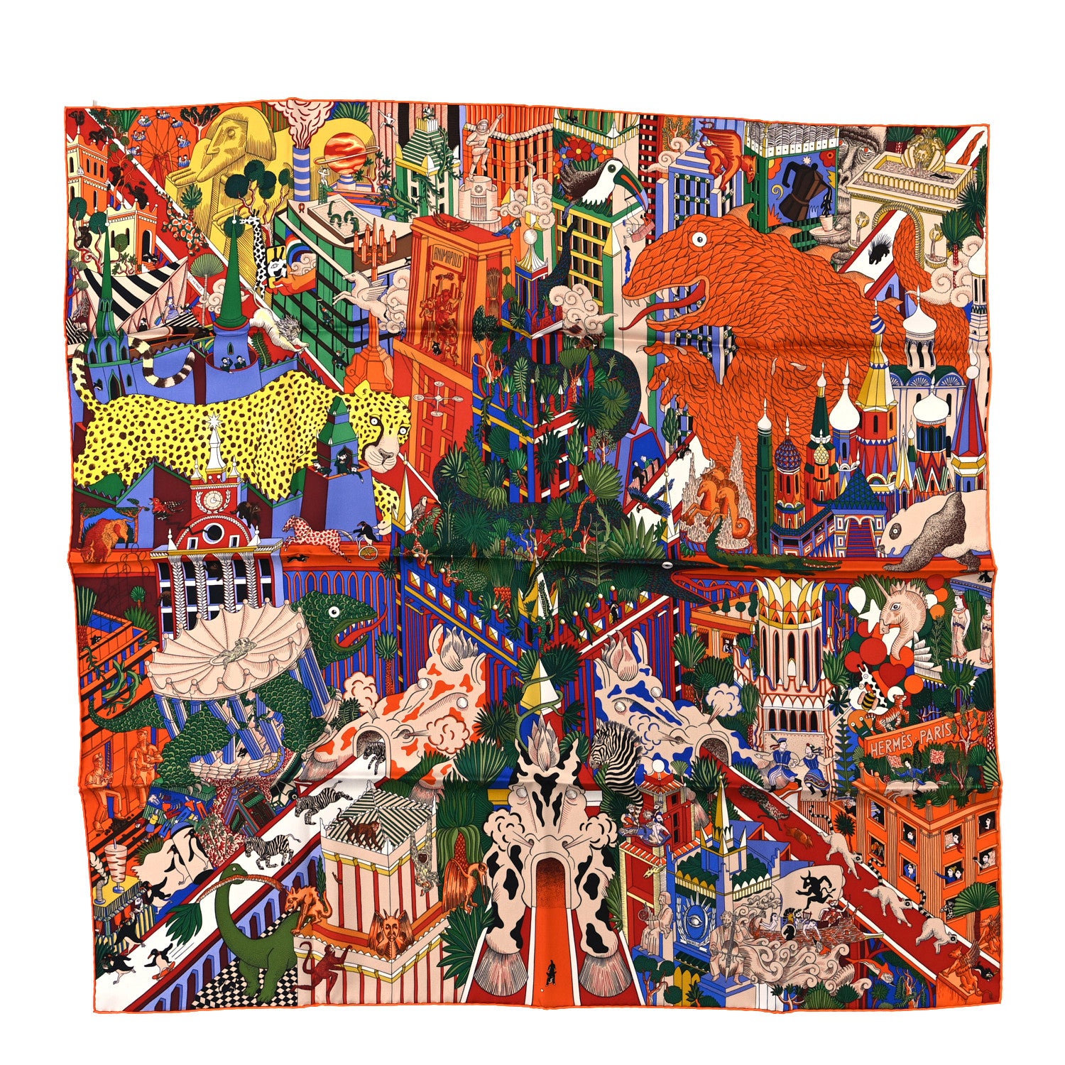 Hermes Silk Animapolis Scarf 90 Orange Vert Bleu 1 of 3